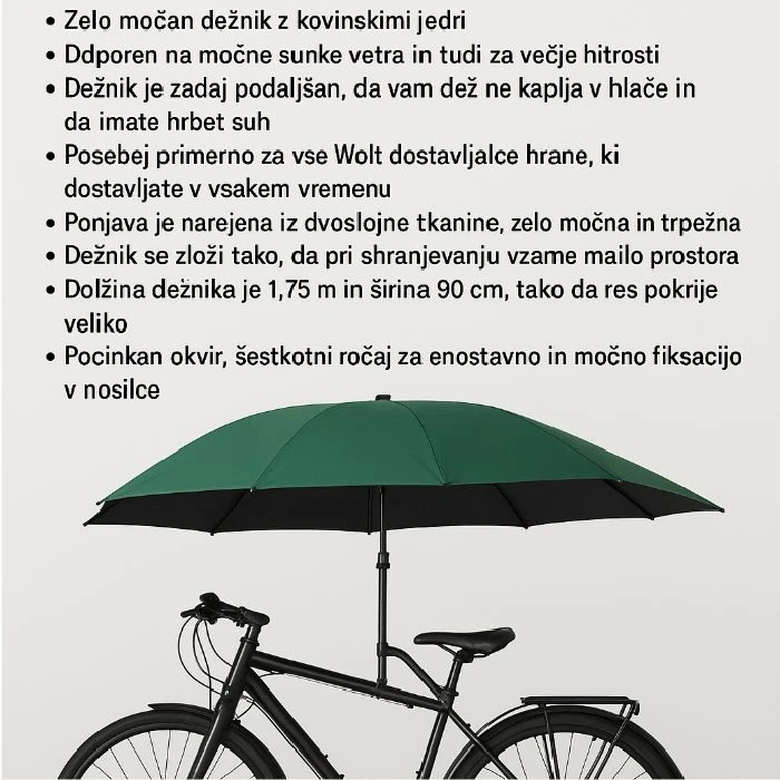 Dežnik za kolesarje in motoriste z montažo, ceneje, ugodno, prihranek, lokalno, ljubljana, dežnik za kolo, dežnik za motor, wolt, montaža dežnika, zaščita pred dežjem, mestna mobilnost, suho v dežju 